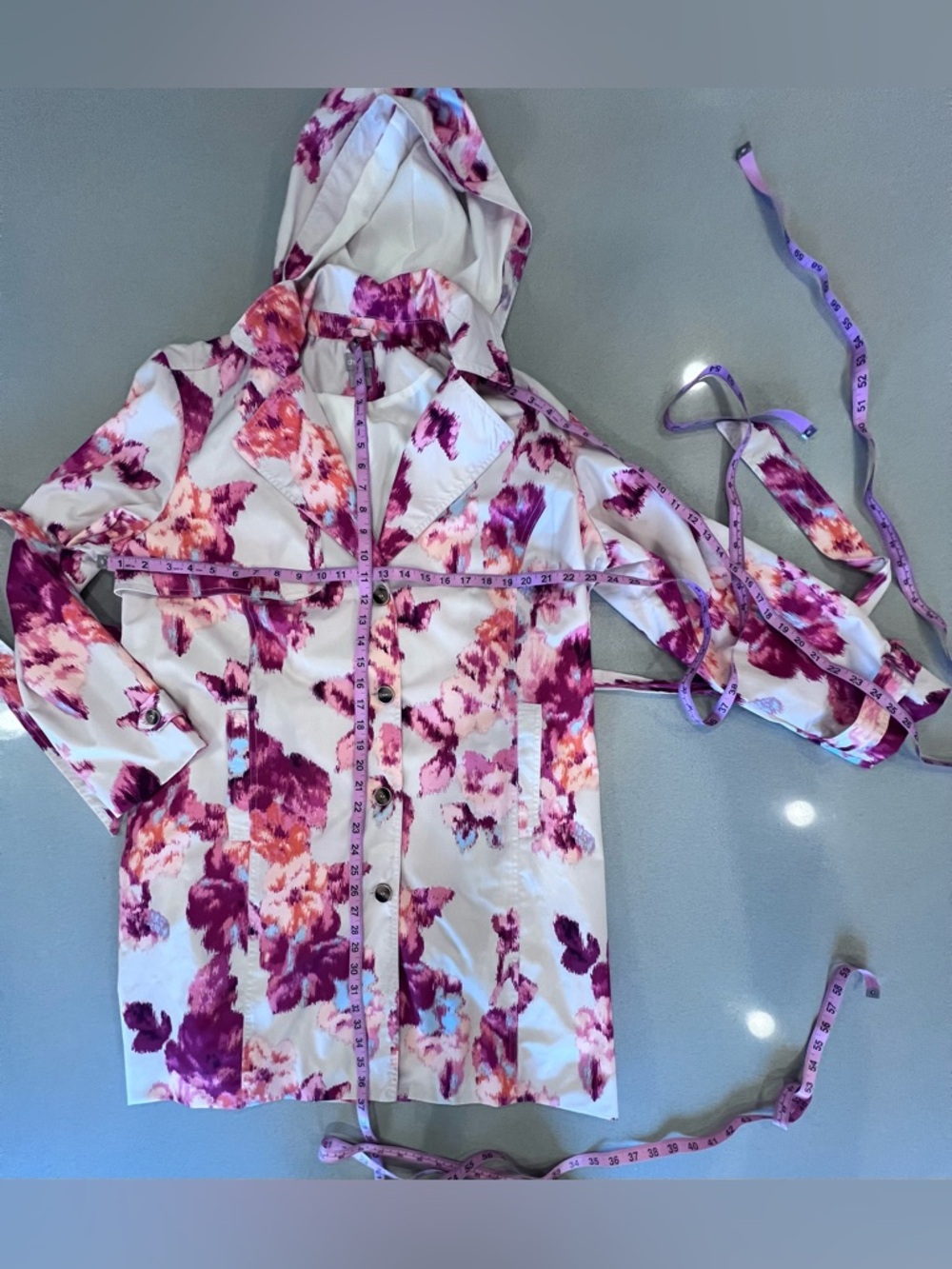 Chico's Ikat Floral Belted Removable Hood Rain Trench Coat Sz 3   16/18 - Picture 11 of 13